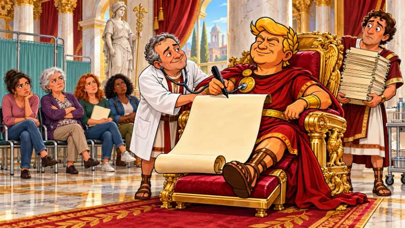 atirical cartoon: Trumpius Caesar reclines on a golden throne with a blank scroll and oversized marker while a court physician examines his chest medallion with a stethoscope.