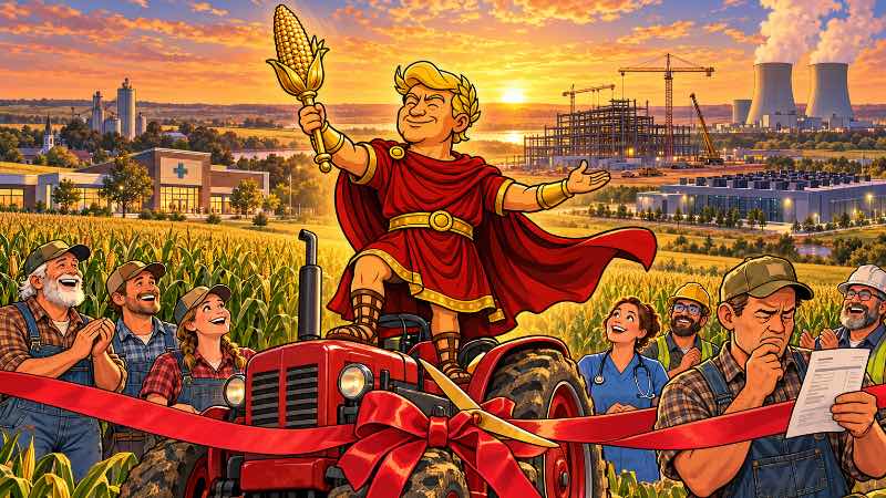 Trumpius Caesar präsentiert eine goldene Maiskolben-Trophäe vor Feldern, Klinik und neuen Industrieanlagen in Iowa.