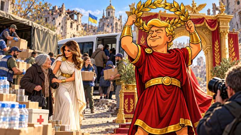 Trumpius poses with a golden laurel wreath while Melania helps an elderly woman amid aid supplies and ruins.