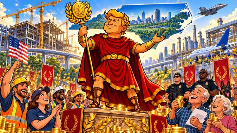 Satirical comic illustration of Trumpius Caesar triumphantly standing above North Carolina in a red Roman toga, wearing a golden laurel wreath and holding an imperial scepter. Surrounded by cheering workers and delighted seniors holding gold coins.