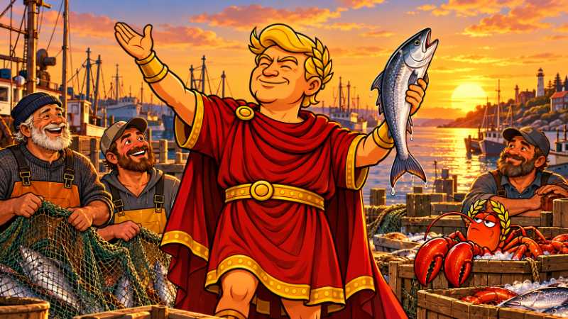 Trumpius Caesar presents a large fish at the harbor as fishermen cheer and a crowned lobster watches skeptically.