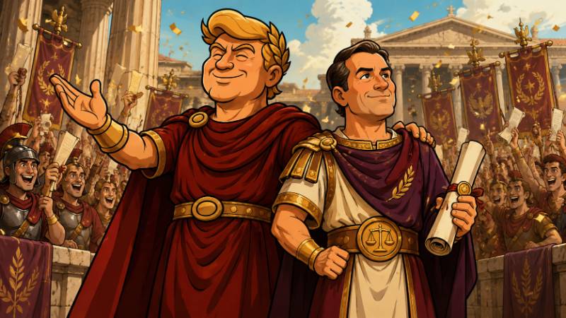 Grafik: Trumpius Caesar feiert Toddius Blancus