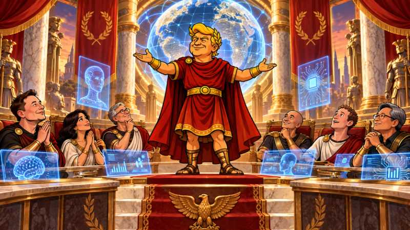 Grafik: Trumpius Caesar und das große Konzil der KI
