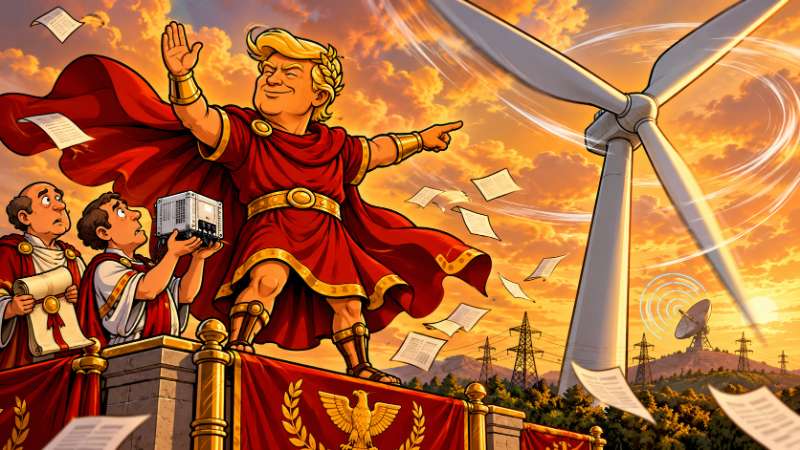 Trumpius Caesar zeigt auf ein Windrad, während Hofbeamte einen Wechselrichter prüfen und ein Handelsabkommen vorbereiten.