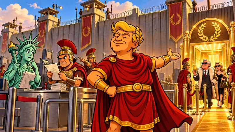 Trumpius Caesar triumphantly presents his massive border wall guarded by Roman legionnaires. While a worried Statue of Liberty must show her documents at an immigration checkpoint, wealthy visitors...