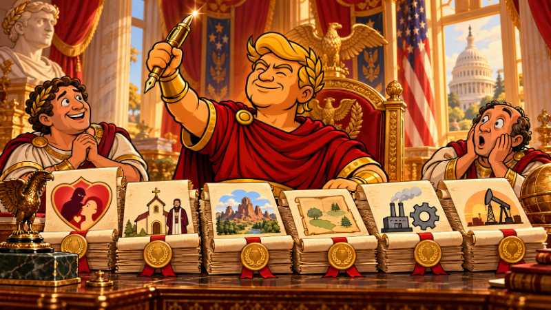 Satirical illustration of Trumpius Caesar in a red Roman robe and golden laurel wreath, triumphantly raising a golden fountain pen. Before him lie stacks of imperial laws adorned with symbols of romance, religion, national parks...