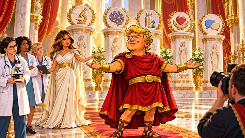 Satirical comic scene: Trumpius Caesar poses in red imperial robes with outstretched arms for a photographer. Behind him, Melania Augusta and skeptical female doctors stand before five marble pillars displaying symbols of research, AI, medicine and care.