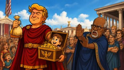 Trumpius Caesar verschenkt Gold für den Nachwuchs – doch Senatorius Neinsagus will lieber leere Sparschweine