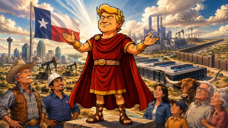 Grafik: Trumpius erobert Texas mit Milliarden und MAGA