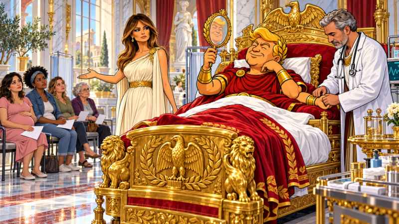 Satirische Comic-Szene in einer prunkvollen Palastklinik: Trumpius Caesar liegt mit Lorbeerkranz und roter Toga in einem goldenen Krankenbett und bewundert sich im Handspiegel, während ein Arzt seinen Puls prüft.