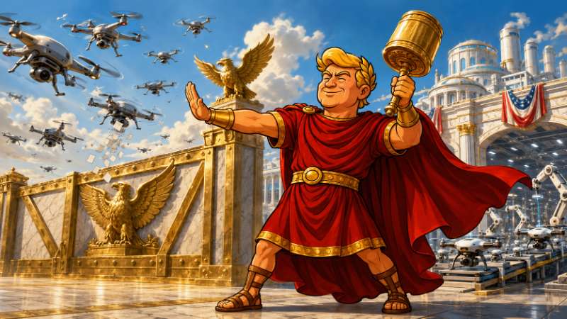 Grafik: Trumpius Caesar und der Zollkrieg der Drohnen
