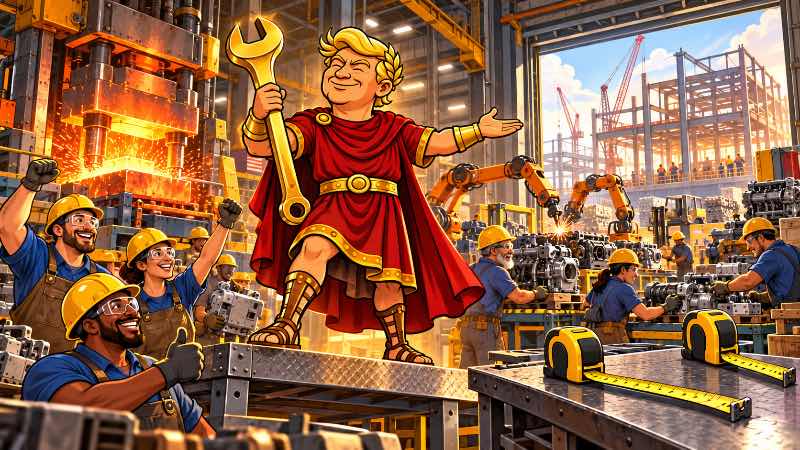 Trumpius Caesar präsentiert sich mit goldenem Schraubenschlüssel vor einer Fabrik, während Arbeiter die Produktion starten.