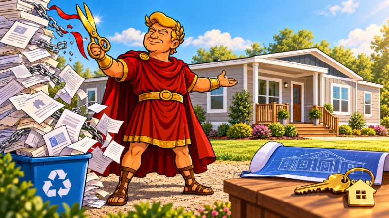 Trumpius Caesar presents a factory-built home while cutting through chains of mortgage paperwork and permits with golden scissors.