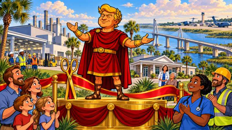 Trumpius Caesar präsentiert Südkarolinas Fabriken, Klinik und Brücke, umringt von applaudierenden Arbeitern und Familien.