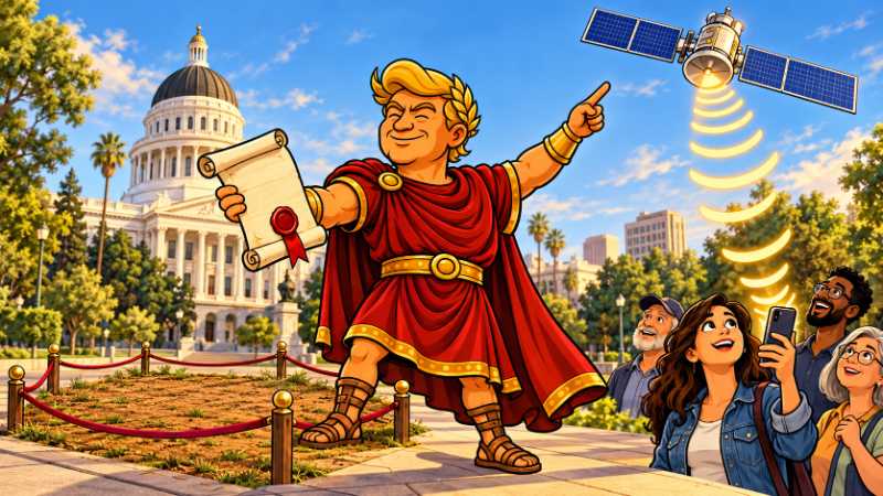 Trumpius Caesar presents a land deed in Sacramento as a satellite beams emergency alerts to a smartphone.