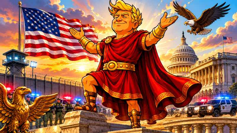 Grafik: Trumpius errichtet den Großen Schild von Americus