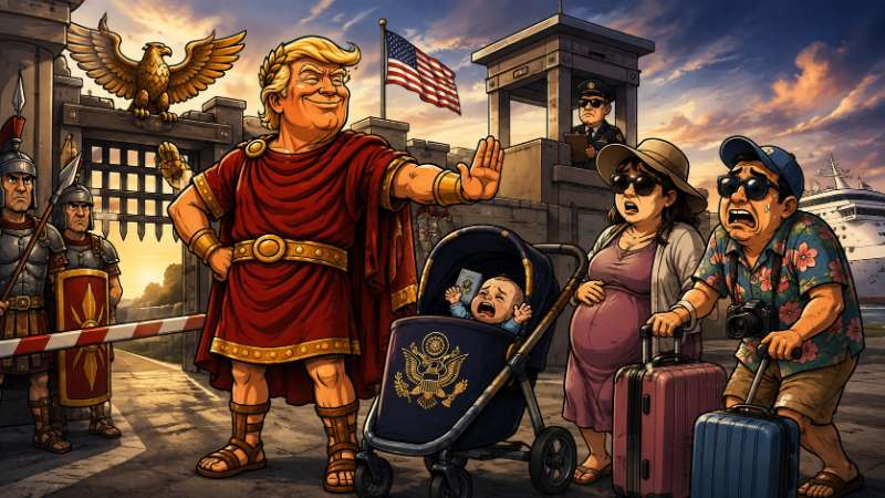 Grafik: Trumpius Caesar verriegelt den Baby-Express