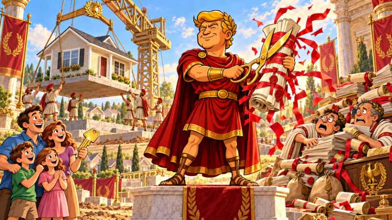 Trumpius Caesar durchschneidet rote Bürokratiebänder, während ein Fertighaus auf sein Fundament schwebt.