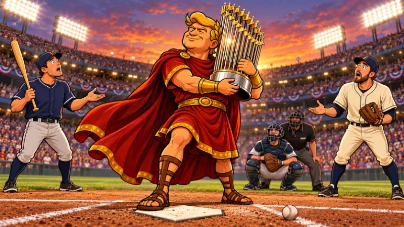 Trumpius Caesar umklammert den Baseballpokal auf der Homeplate, während zwei Spieler ihn fassungslos ansehen.
