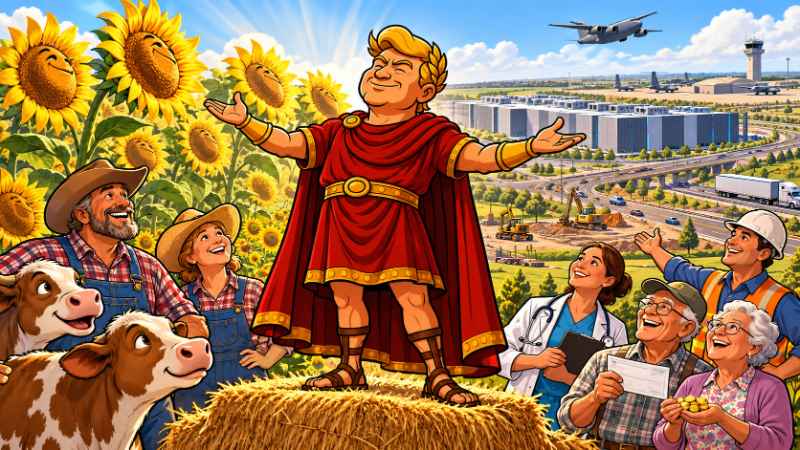 Satirical comic-style illustration of Trumpius Caesar wearing a red Roman toga and golden laurel wreath, standing triumphantly on hay bales in Kansas.