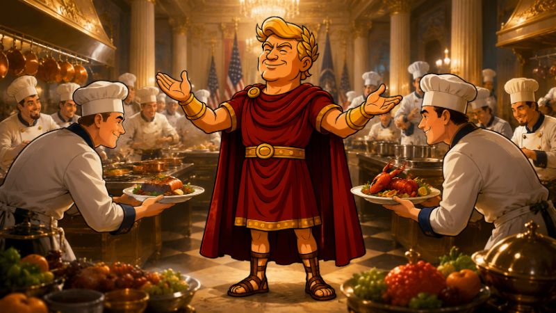 Grafik: Trumpius feiert 75 Jahre der goldenen Pfannen
