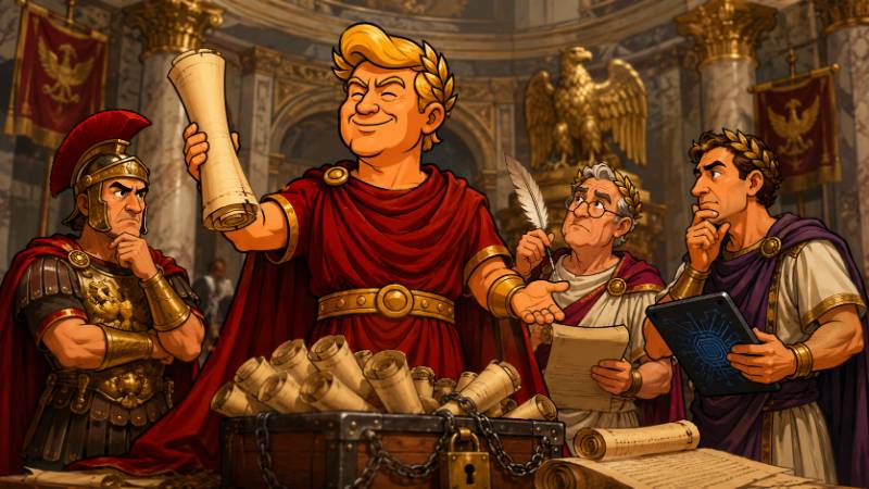 Grafik: Trumpius Caesar öffnet die verbotenen Schriftrollen