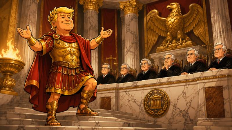 Grafik: Trumpius Caesar triumphiert vor dem Richterthron