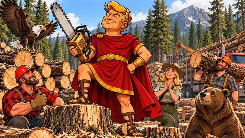 Trumpius Caesar, dressed in a red Roman toga, triumphantly poses on a tree stump with a golden chainsaw. Lumberjacks and a female forest ranger applaud.